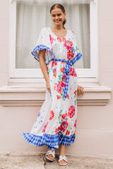 Palma Midi Dress - Off Shoulder Tiered Dress with Bell Sleeves and Belt in Kaimana Print