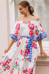 Palma Midi Dress - Off Shoulder Tiered Dress with Bell Sleeves and Belt in Kaimana Print