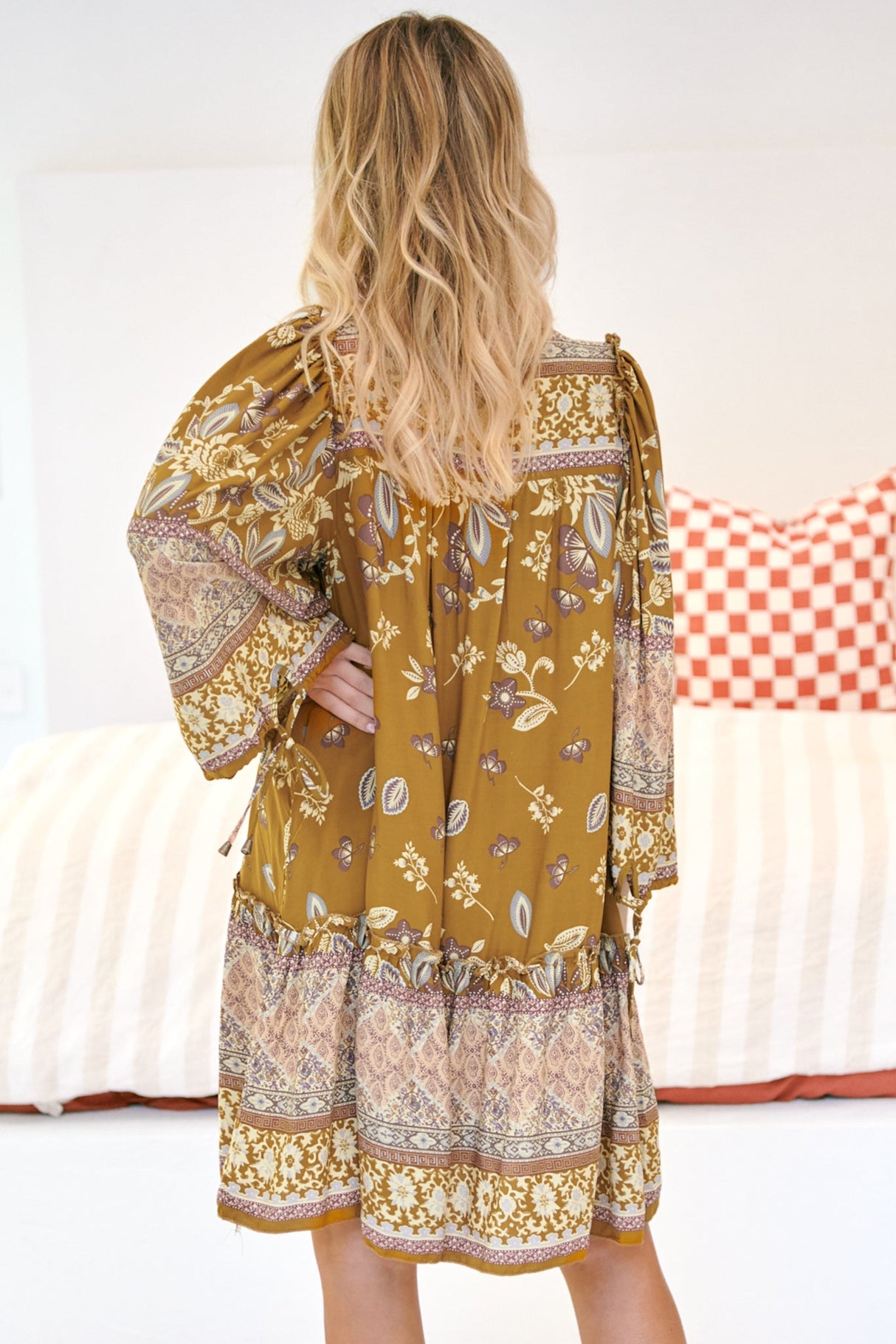 JAASE - Palma Mini Dress: Long Sleeve Button Down Smock Dress with Neck Tie in Emre Print