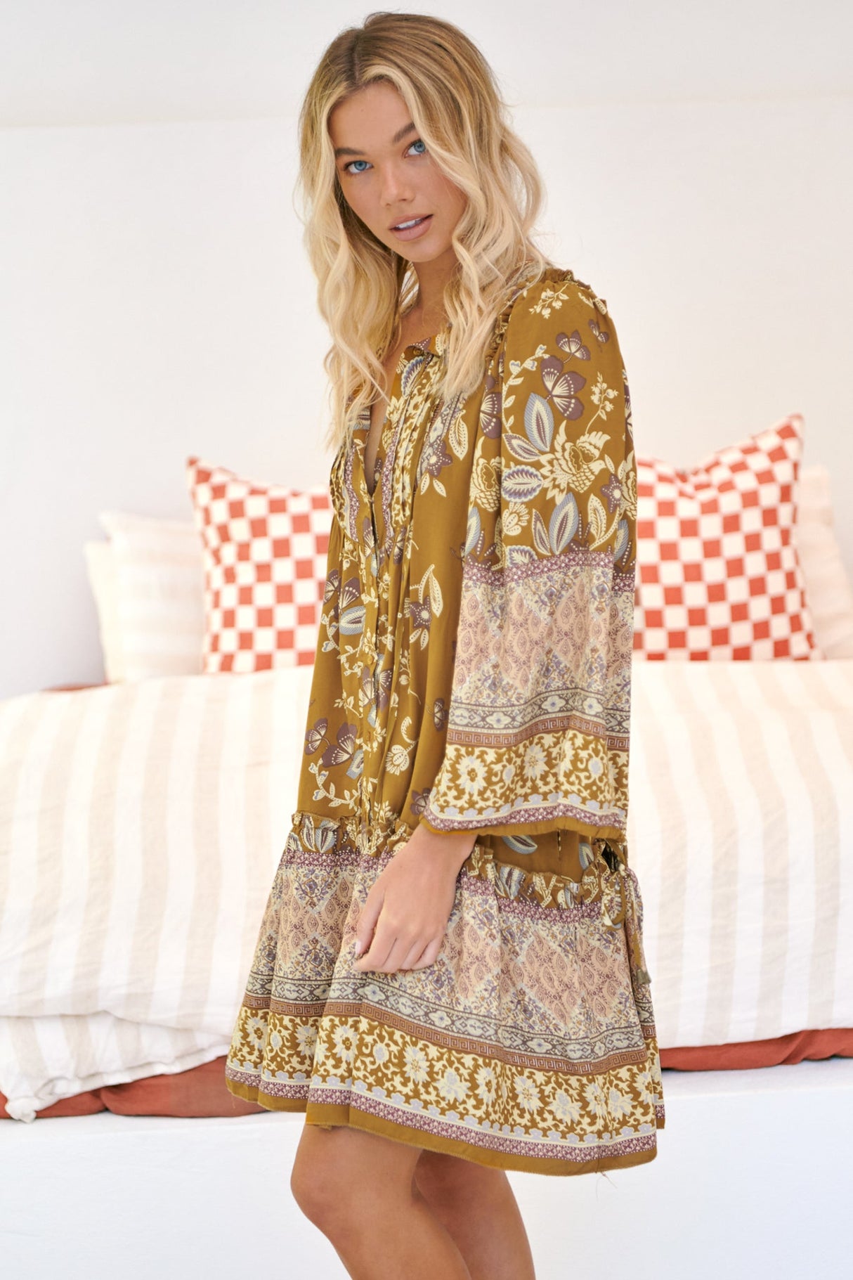 JAASE - Palma Mini Dress: Long Sleeve Button Down Smock Dress with Neck Tie in Emre Print