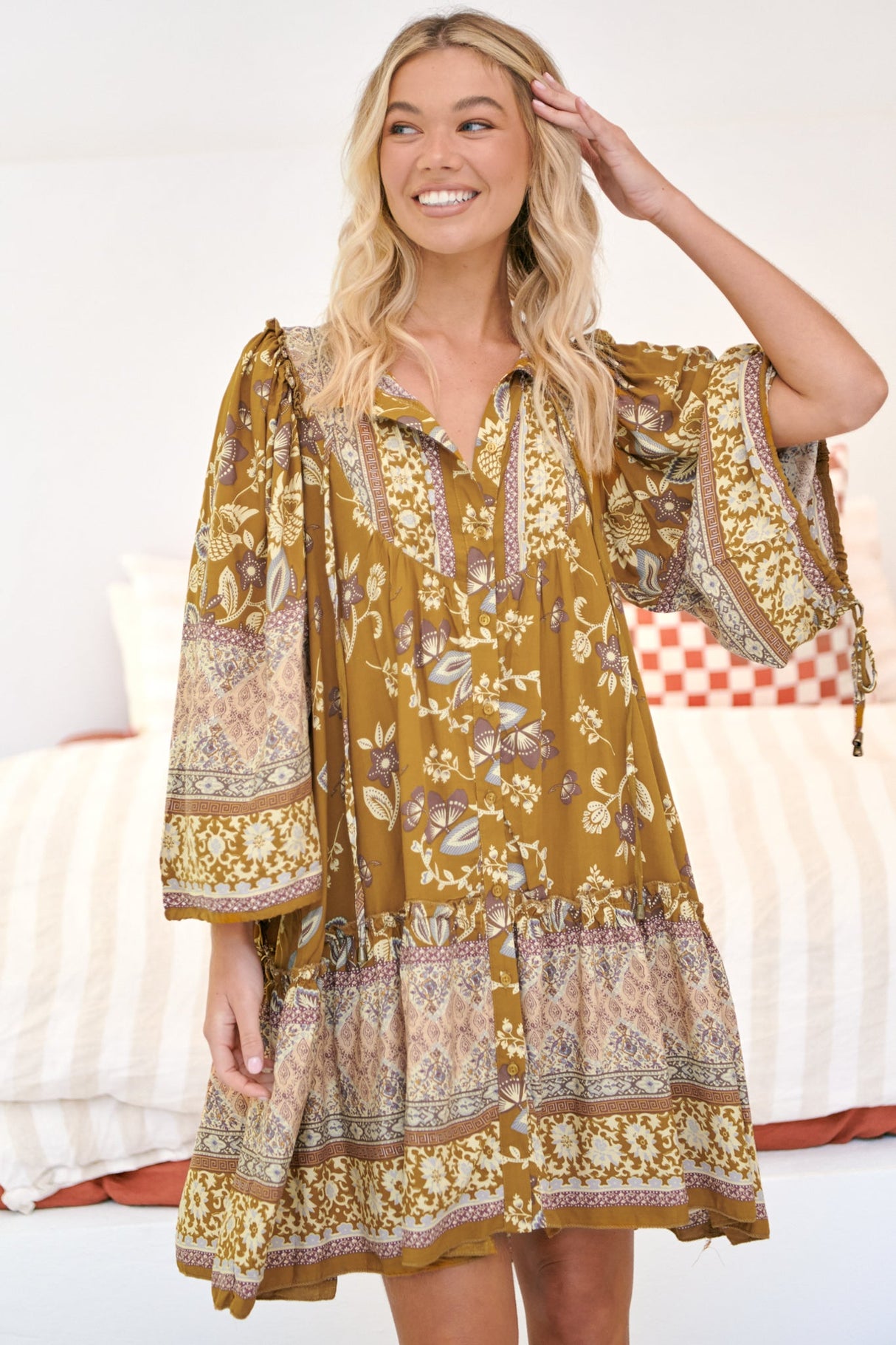 JAASE - Palma Mini Dress: Long Sleeve Button Down Smock Dress with Neck Tie in Emre Print