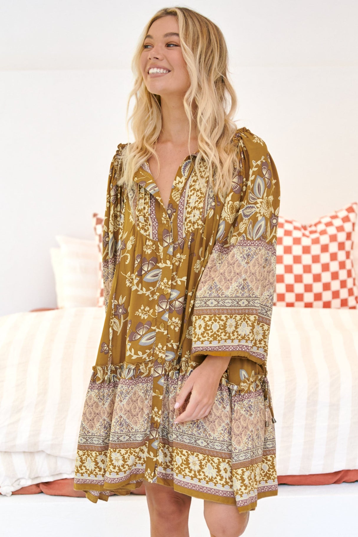 JAASE - Palma Mini Dress: Long Sleeve Button Down Smock Dress with Neck Tie in Emre Print