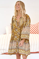 JAASE - Palma Mini Dress: Long Sleeve Button Down Smock Dress with Neck Tie in Emre Print