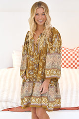 JAASE - Palma Mini Dress: Long Sleeve Button Down Smock Dress with Neck Tie in Emre Print