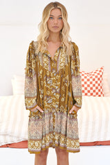 JAASE - Palma Mini Dress: Long Sleeve Button Down Smock Dress with Neck Tie in Emre Print