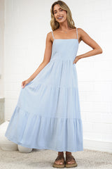 Palmer Midi Dress - Tiered Sun Dress with Pockets in Blue