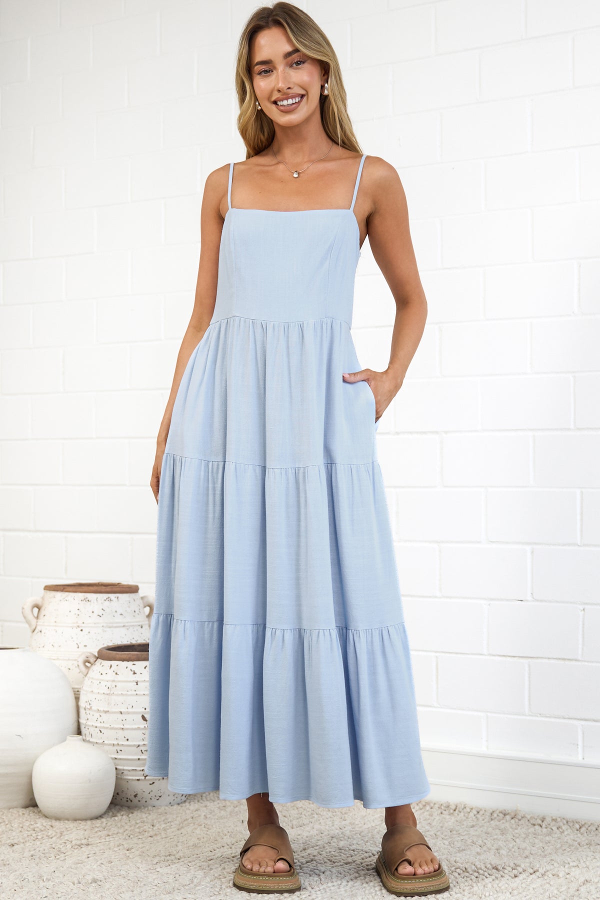 Palmer Midi Dress - Tiered Sun Dress with Pockets in Blue