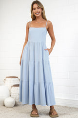 Palmer Midi Dress - Tiered Sun Dress with Pockets in Blue