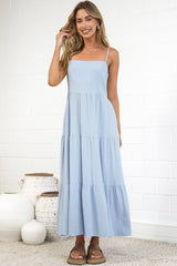 Palmer Midi Dress - Tiered Sun Dress with Pockets in Blue