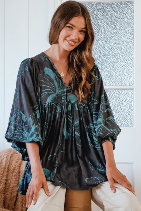 JAASE - Paloma Blouse: V Neckline Smock Top with Billowy Sleeves in Midnight Lilly Print