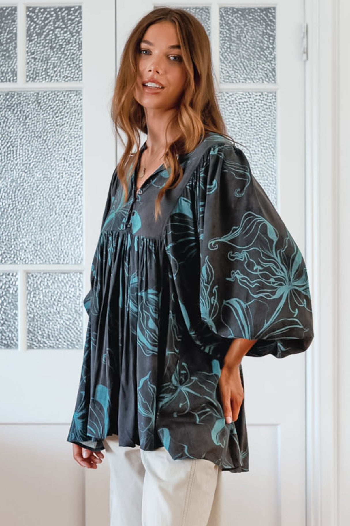 JAASE - Paloma Blouse: V Neckline Smock Top with Billowy Sleeves in Midnight Lilly Print