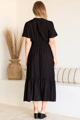 Paloma Midi Dress - Mandarin Split Collar A Line Button Down with Cap Sleeves in Black