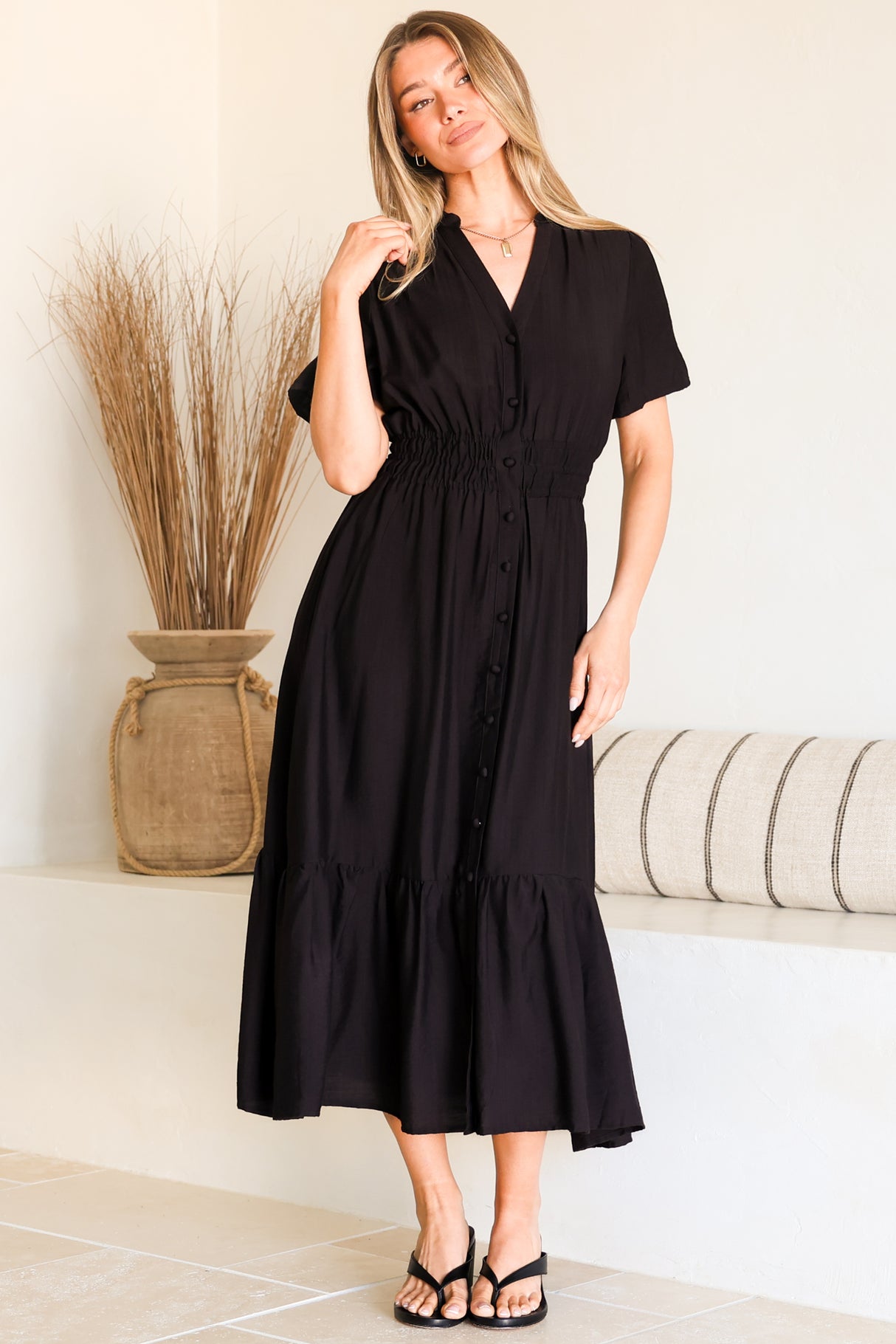 Paloma Midi Dress - Mandarin Split Collar A Line Button Down with Cap Sleeves in Black