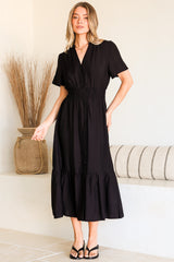 Paloma Midi Dress - Mandarin Split Collar A Line Button Down with Cap Sleeves in Black