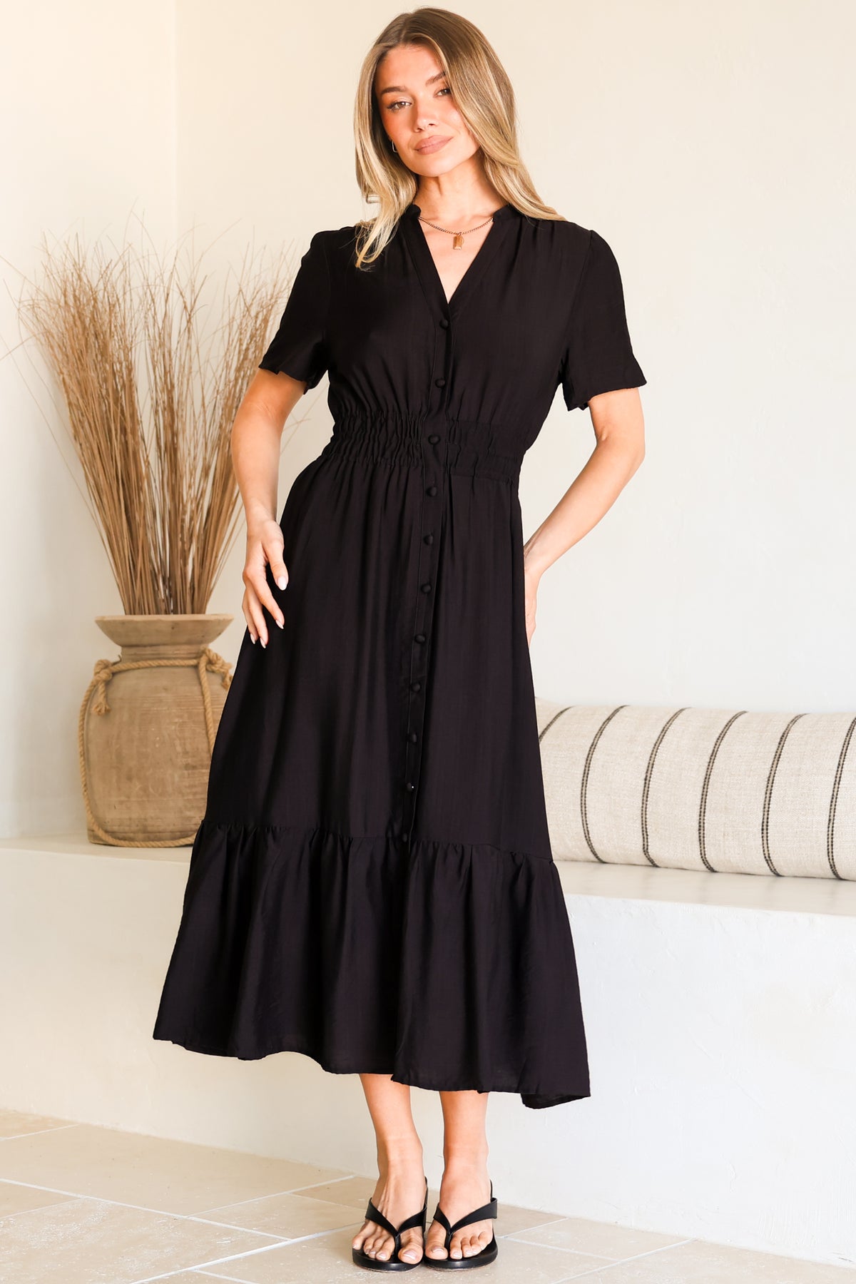 Paloma Midi Dress - Mandarin Split Collar A Line Button Down with Cap Sleeves in Black