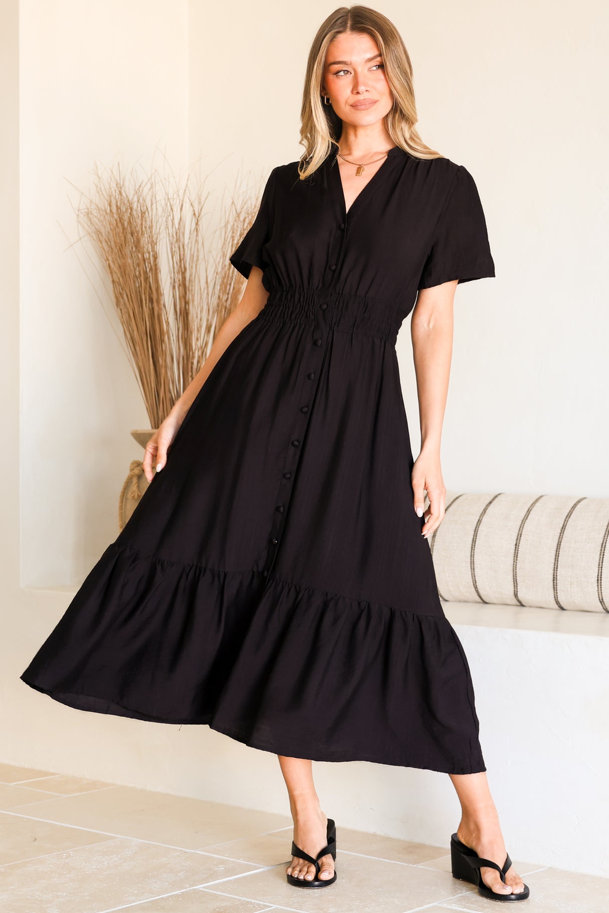 Paloma Midi Dress - Mandarin Split Collar A Line Button Down with Cap Sleeves in Black