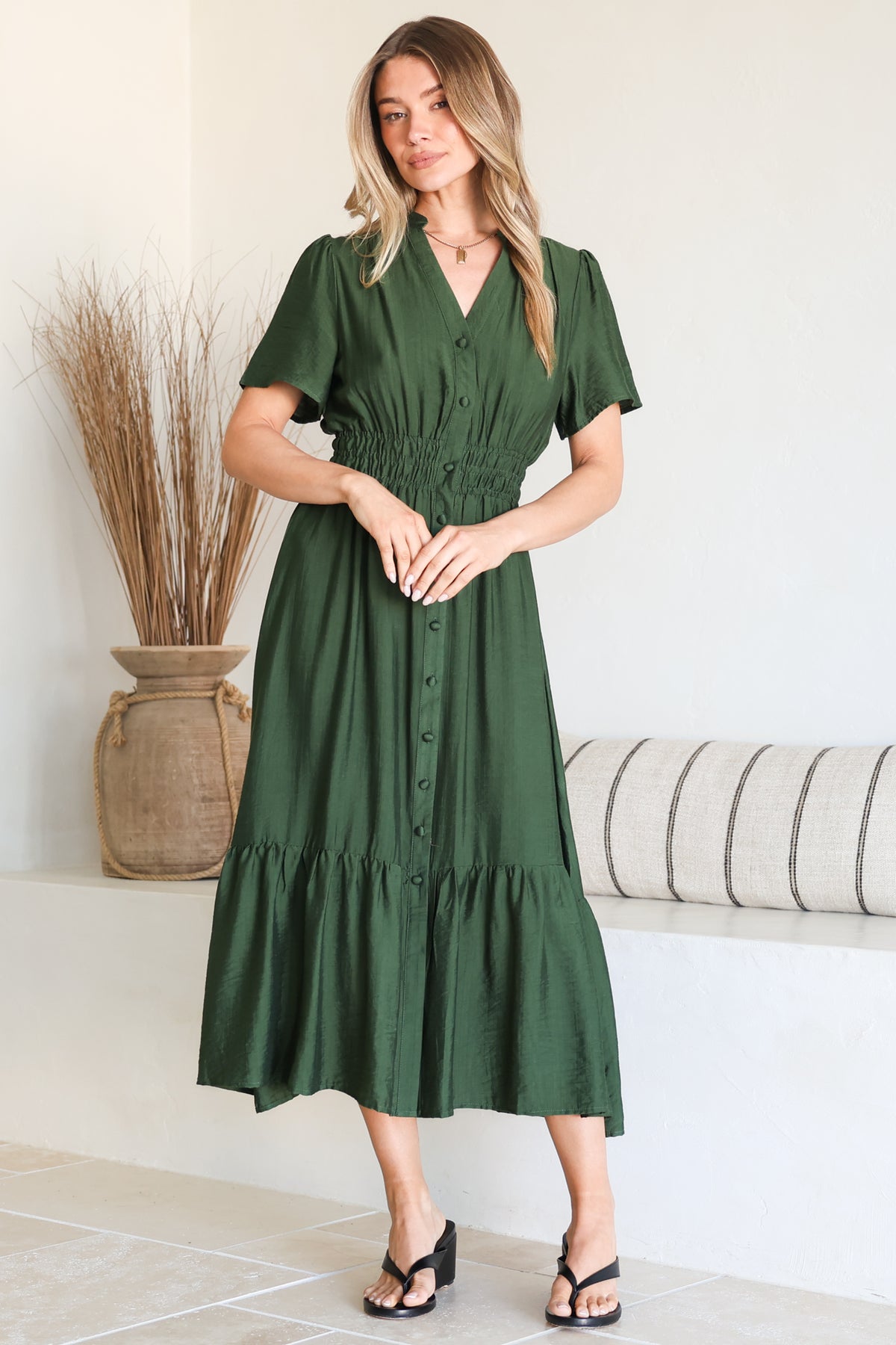 Model wearing Paloma Midi Dress in Emerald from Salty Crush
