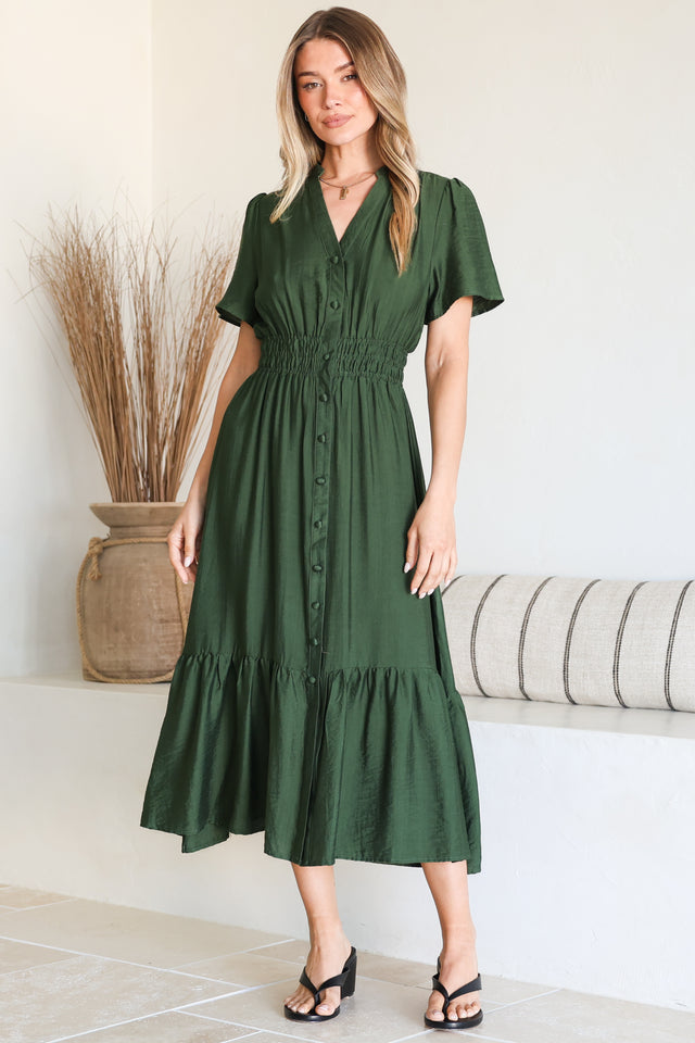 Model wearing Paloma Midi Dress in Emerald from Salty Crush
