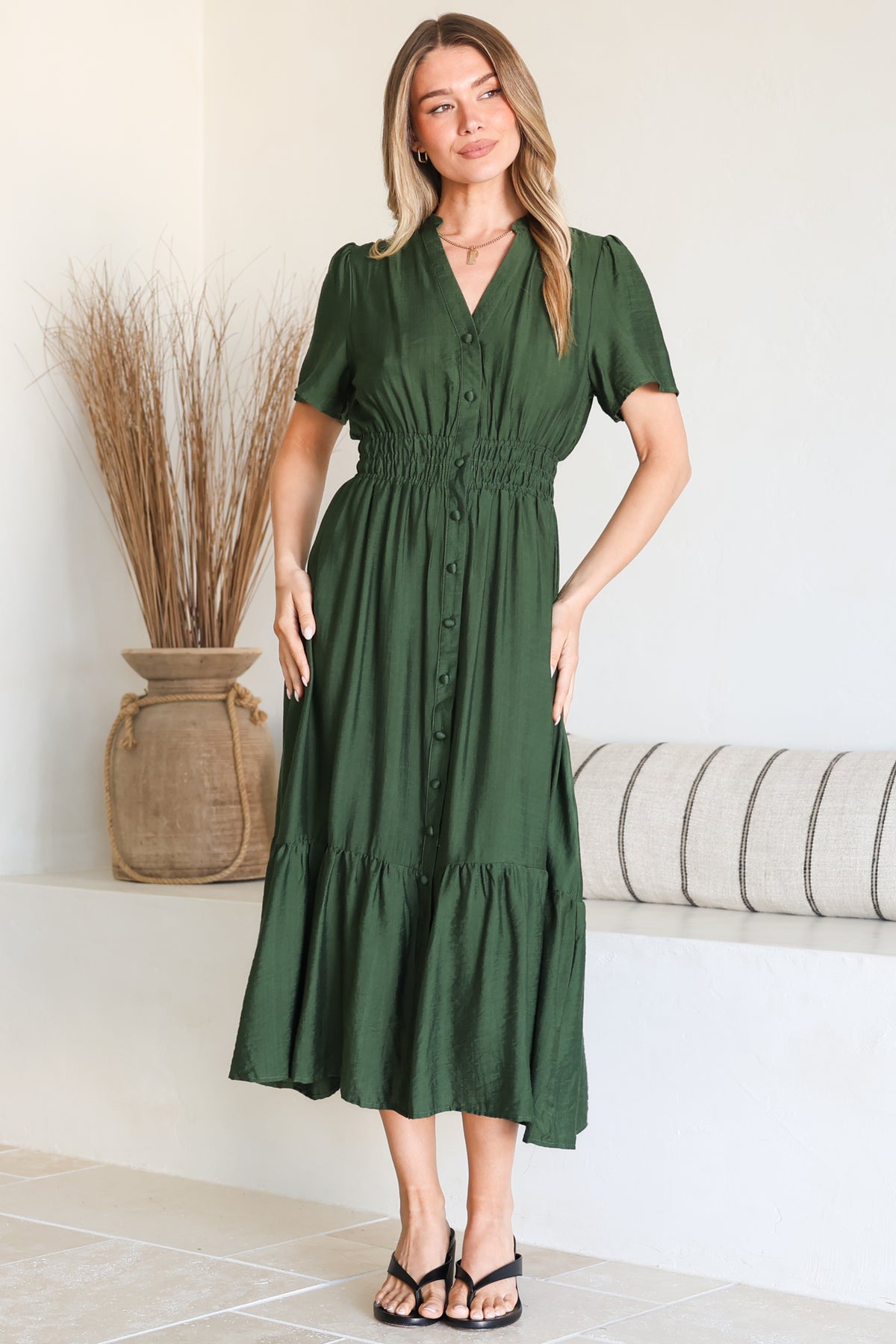 Model wearing Paloma Midi Dress in Emerald from Salty Crush