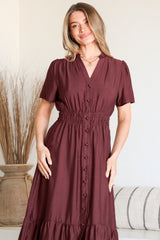 Paloma Midi Dress - Mandarin Split Collar A Line Button Down with Cap Sleeves in Wine
