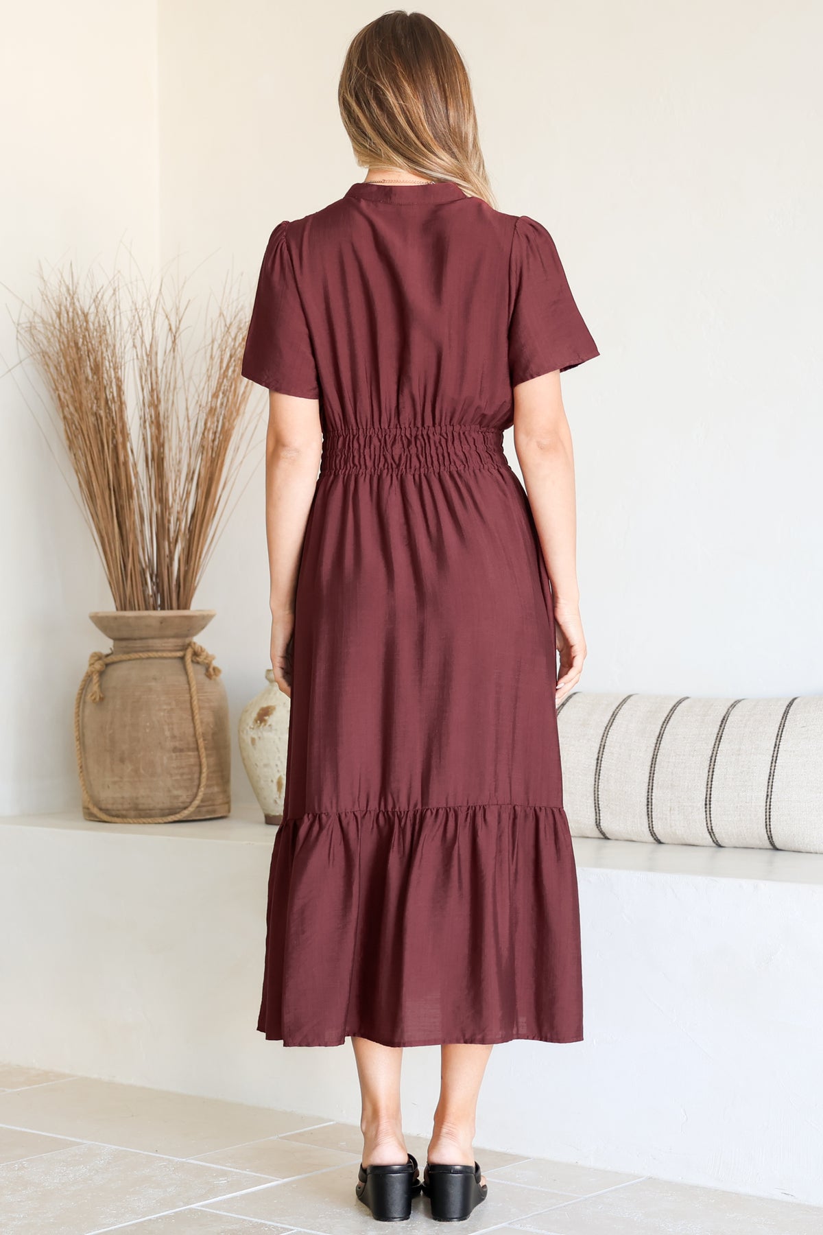 Paloma Midi Dress - Mandarin Split Collar A Line Button Down with Cap Sleeves in Wine