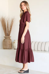 Paloma Midi Dress - Mandarin Split Collar A Line Button Down with Cap Sleeves in Wine