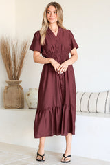 Paloma Midi Dress - Mandarin Split Collar A Line Button Down with Cap Sleeves in Wine