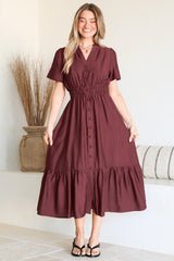 Paloma Midi Dress - Mandarin Split Collar A Line Button Down with Cap Sleeves in Wine