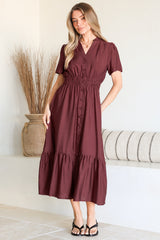 Paloma Midi Dress - Mandarin Split Collar A Line Button Down with Cap Sleeves in Wine