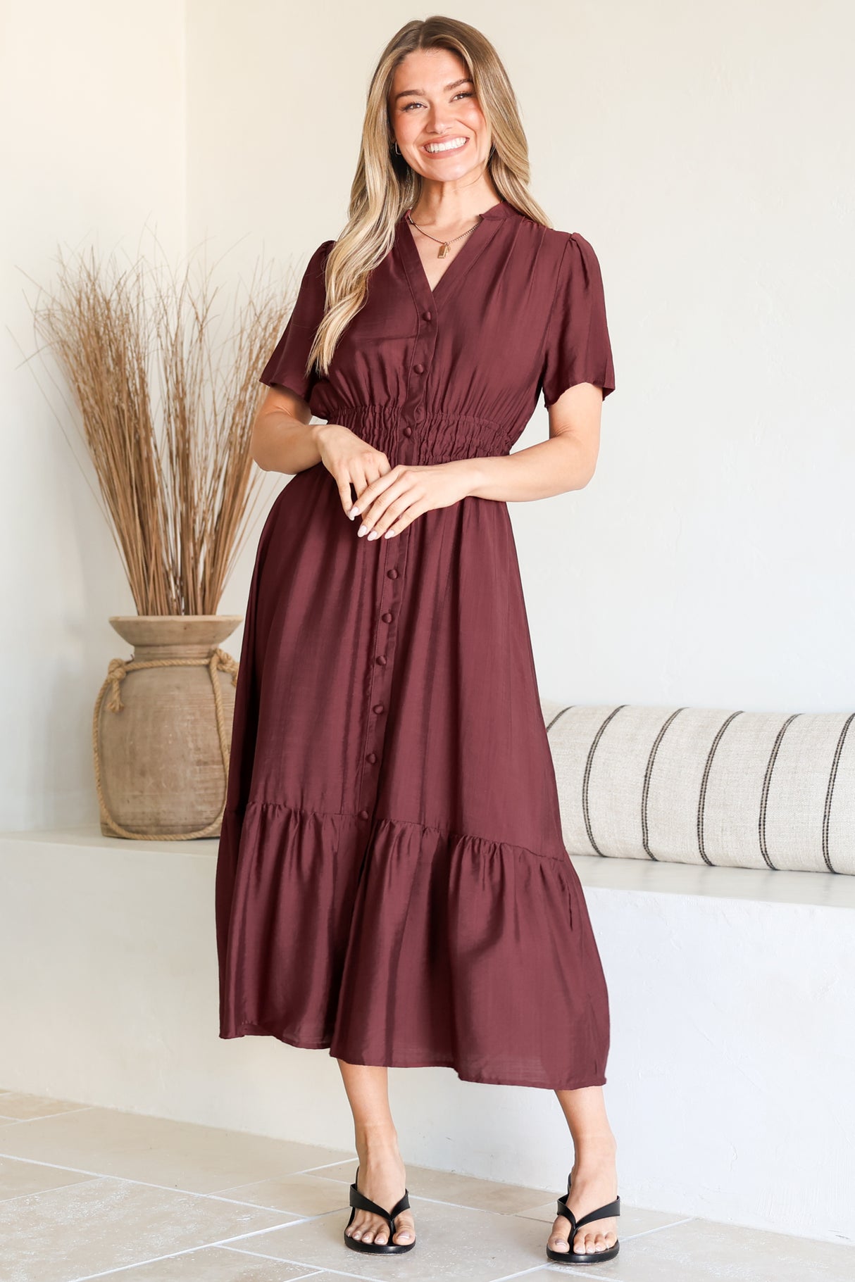 Paloma Midi Dress - Mandarin Split Collar A Line Button Down with Cap Sleeves in Wine