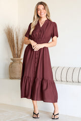 Paloma Midi Dress - Mandarin Split Collar A Line Button Down with Cap Sleeves in Wine