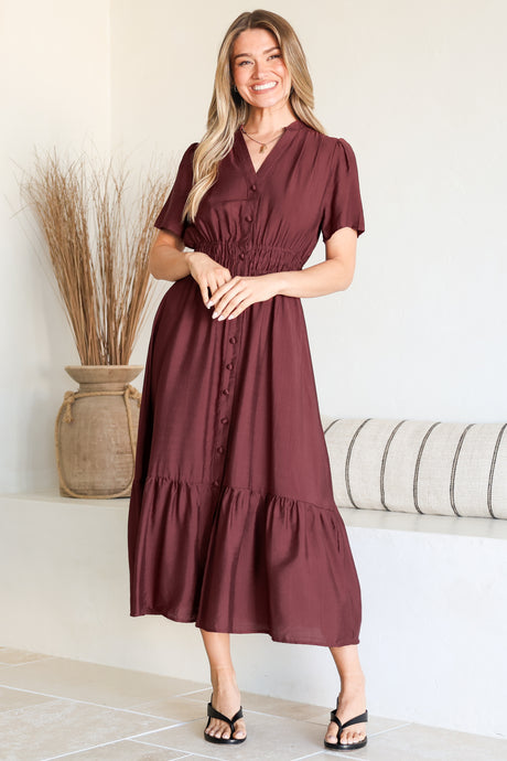 Paloma Midi Dress - Mandarin Split Collar A Line Button Down with Cap Sleeves in Wine