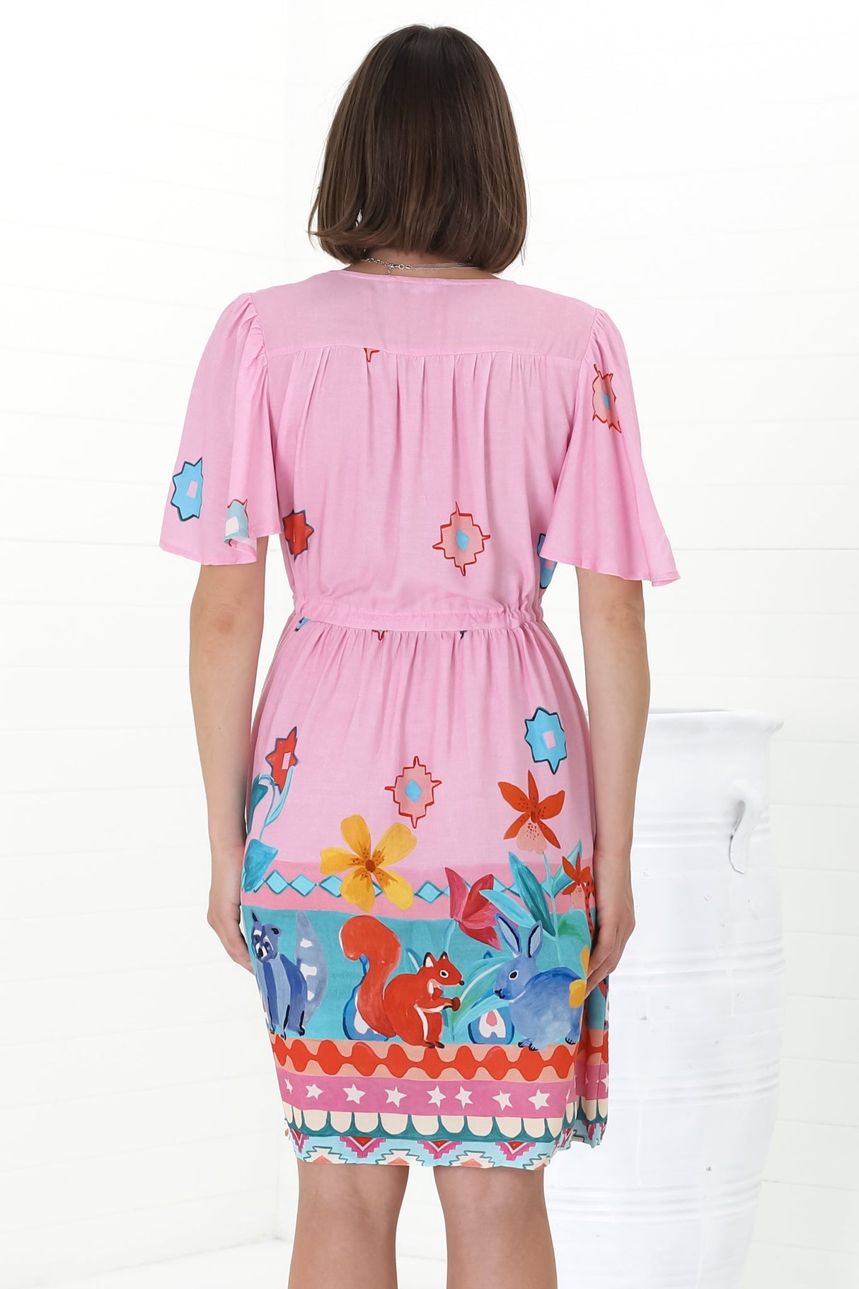 Pammy Mini Dress - Cape Sleeve Pull Tie Mini Dress in Pippa Print Pink