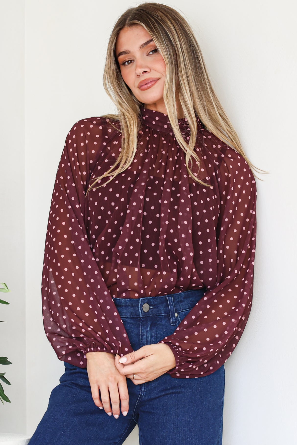 Paramount Blouse - High Collar Balloon Sleeve Sheer Balloon Sleeve Pull Over in Wine Polka Dot