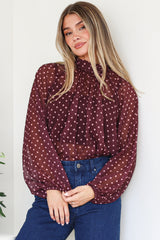 Paramount Blouse - High Collar Balloon Sleeve Sheer Balloon Sleeve Pull Over in Wine Polka Dot