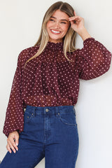 Paramount Blouse - High Collar Balloon Sleeve Sheer Balloon Sleeve Pull Over in Wine Polka Dot