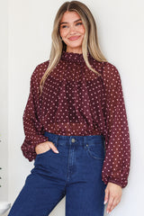 Paramount Blouse - High Collar Balloon Sleeve Sheer Balloon Sleeve Pull Over in Wine Polka Dot