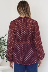 Paramount Blouse - High Collar Balloon Sleeve Sheer Balloon Sleeve Pull Over in Wine Polka Dot