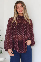 Paramount Blouse - High Collar Balloon Sleeve Sheer Balloon Sleeve Pull Over in Wine Polka Dot