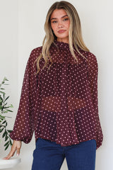 Paramount Blouse - High Collar Balloon Sleeve Sheer Balloon Sleeve Pull Over in Wine Polka Dot