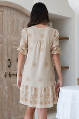 Patty Mini Dress - V-Neck Embroidered Babydoll Dress with 3/4 Sleeves in Solsana Print Beige