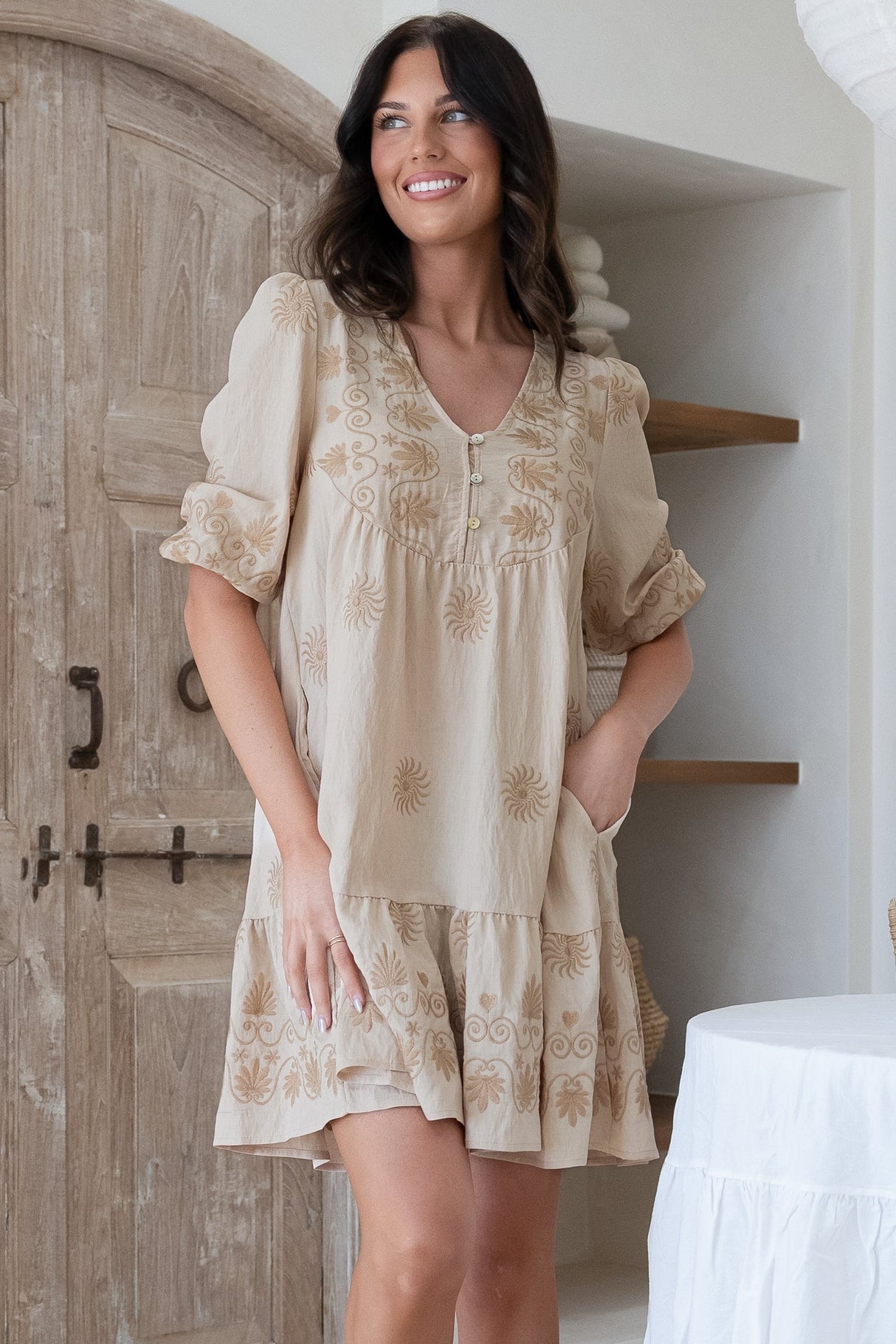 Patty Mini Dress - V-Neck Embroidered Babydoll Dress with 3/4 Sleeves in Solsana Print Beige