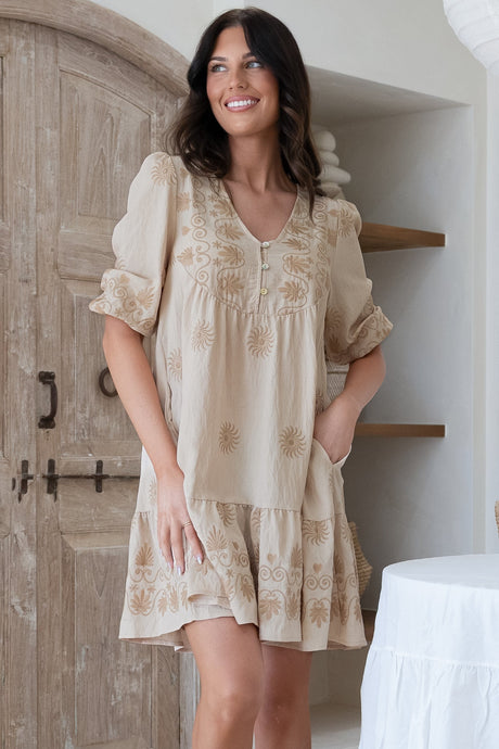 Patty Mini Dress - V-Neck Embroidered Babydoll Dress with 3/4 Sleeves in Solsana Print Beige