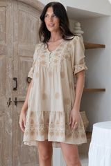 Patty Mini Dress - V-Neck Embroidered Babydoll Dress with 3/4 Sleeves in Solsana Print Beige