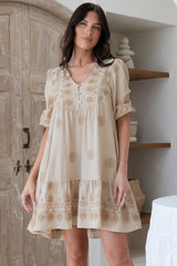 Patty Mini Dress - V-Neck Embroidered Babydoll Dress with 3/4 Sleeves in Solsana Print Beige