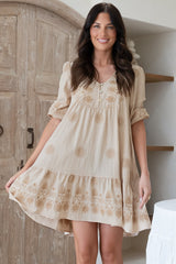 Patty Mini Dress - V-Neck Embroidered Babydoll Dress with 3/4 Sleeves in Solsana Print Beige