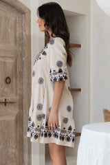 Patty Mini Dress - V-Neck Embroidered Babydoll Dress with 3/4 Sleeves in Solsana Print in Black