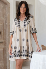 Patty Mini Dress - V-Neck Embroidered Babydoll Dress with 3/4 Sleeves in Solsana Print in Black