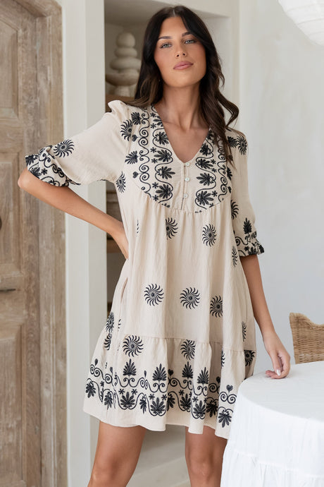 Patty Mini Dress - V-Neck Embroidered Babydoll Dress with 3/4 Sleeves in Solsana Print in Black