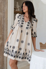 Patty Mini Dress - V-Neck Embroidered Babydoll Dress with 3/4 Sleeves in Solsana Print in Black
